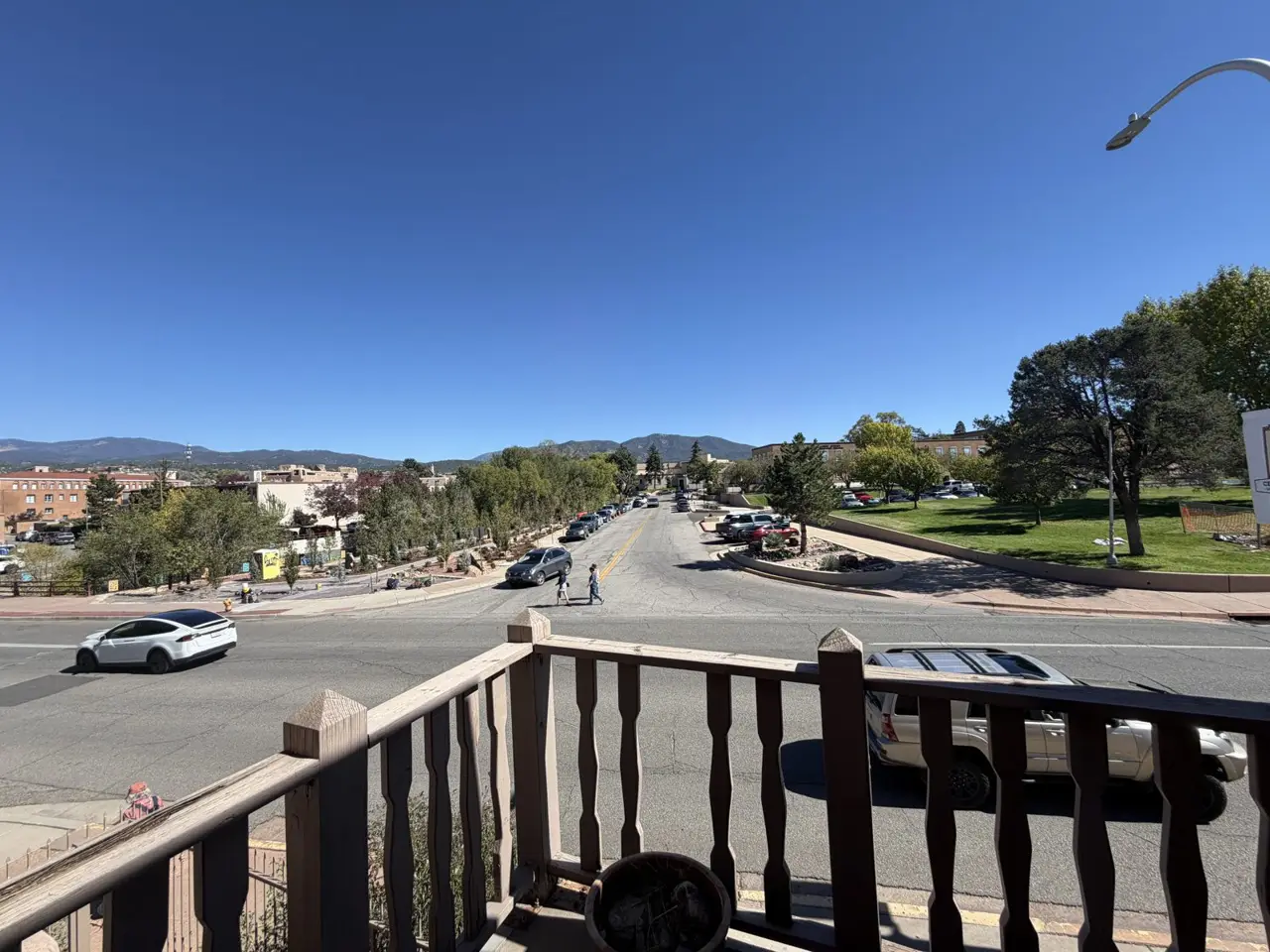 The view from the Deep Sky balcony: Galisteo St, the park across the street and the mountains