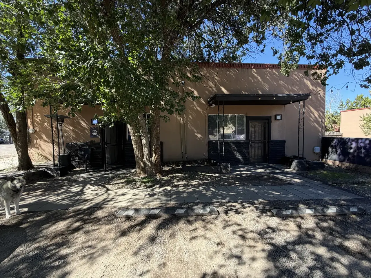 Deep Sky Cannabis Midtown: the tan adobe storefront under big trees, two doors, with Sadie the husky out front